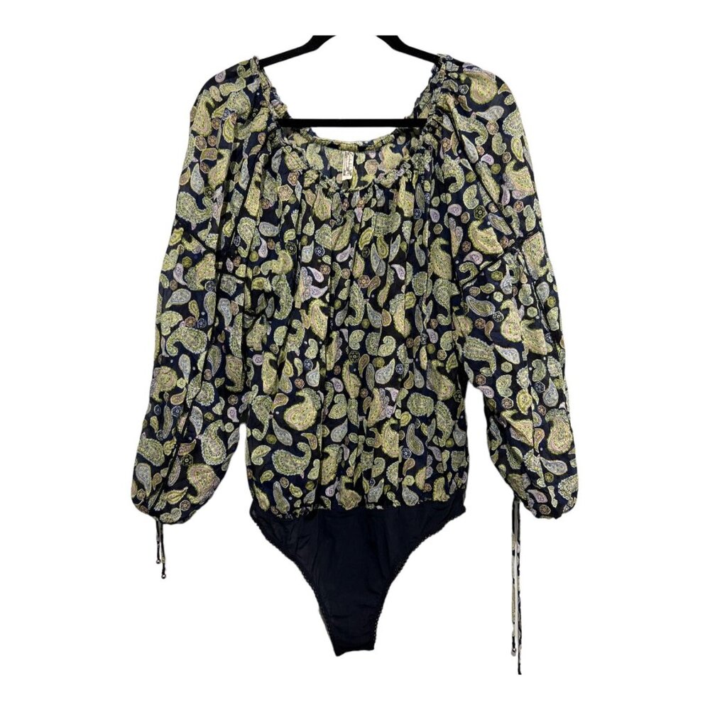 Intimately Free People Bodysuit‎ Womens L  Blue Paisley Off Shoulder Puff Sleeve